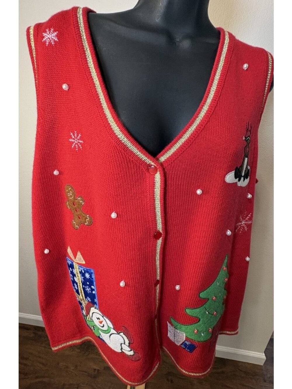 White Stag Womens XL-XXL Measured Vest Reindeer Christmas Holiday Red Knit